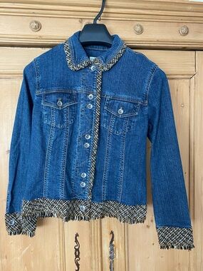 Coldwater Creek Blue Denim Jacket with Tweed Trim Accents